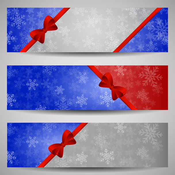 Набір синіх, червоних і сірих зимових банерів з червоною стрічкою і сну
 - Вектор, зображення