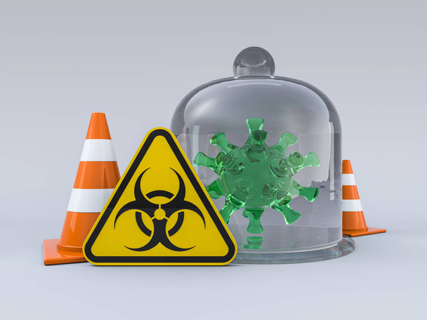 Virus COVID-19, pandemic risk alert. Biohazard sign. Warning sign of virus. 3D rendering - Foto, immagini