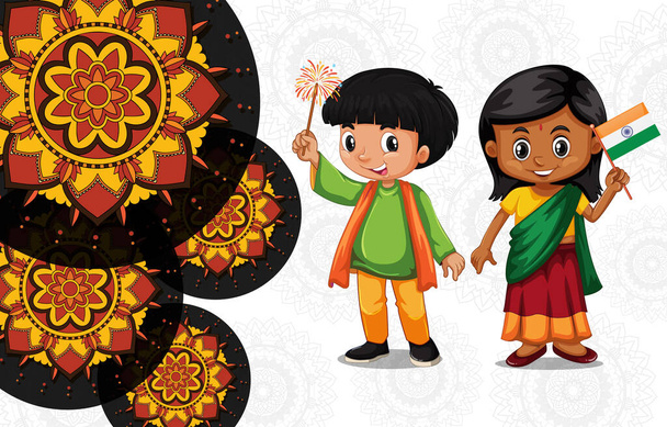 Mandala motif fond de conception avec illustration indienne fille et garçon
 - Vecteur, image