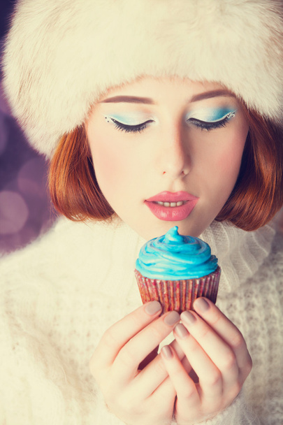 Redhead girl with cake. - Photo, Image