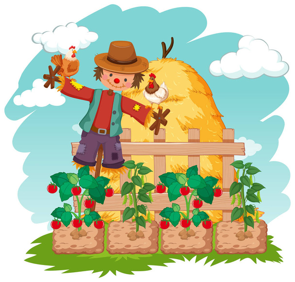 Scène avec épouvantail et légumes sur l'illustration de la ferme
 - Vecteur, image