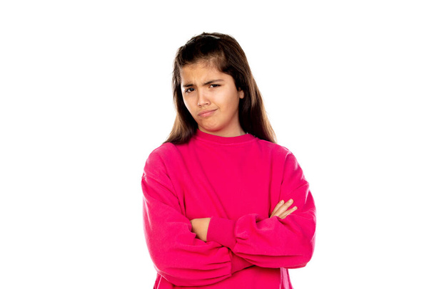 Adorável menina pré-adolescente com camisa rosa isolado em um fundo branco
 - Foto, Imagem
