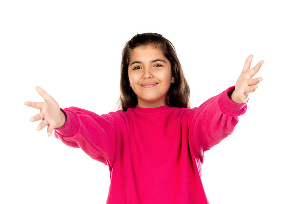 Adorável menina pré-adolescente com camisa rosa isolado em um fundo branco
 - Foto, Imagem
