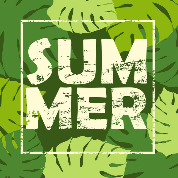 Summer, vector lettering on abstract tropical palm leaves frame, summer design, banner, typography poster. - Vetor, Imagem