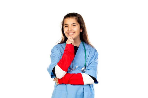 Funny girl with blue doctor uniform isolated on a white background - Photo, Image