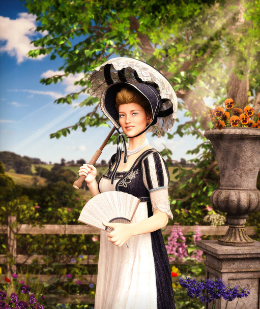 Portret van een elegante vrouw in Jane Austen-stijl die op een zomerdag door het platteland wandelt, regentsjurk, 3D-weergave - Foto, afbeelding
