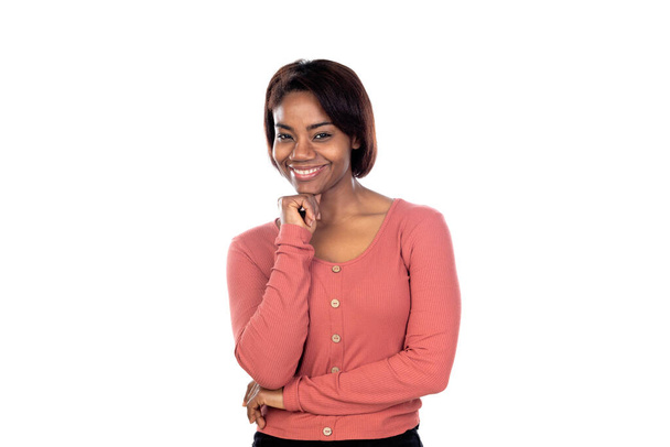 Adorable african woman with pink t-shirt isolated on a white background - Fotó, kép