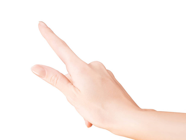 Woman pointing finger. First person view, isolated on white with clipping path - Fotoğraf, Görsel