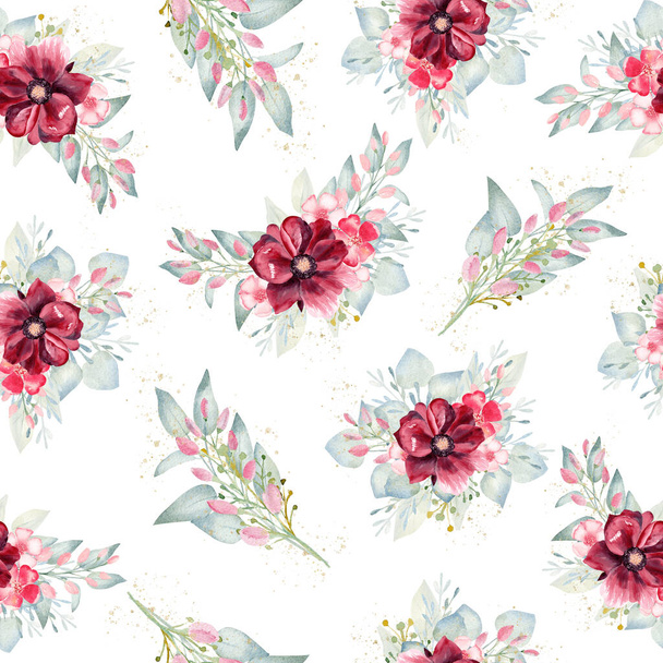 Watercolor seamless pattern floral bouquet clipart. Hand painted digital paper. - Φωτογραφία, εικόνα