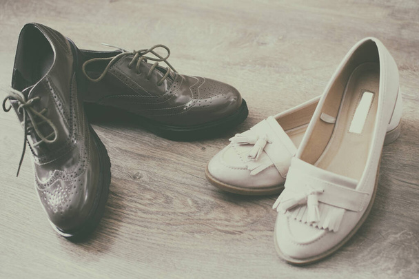 Oxfords shoes retro style stand on the wooden floor. - Photo, Image