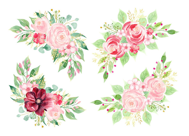 手描きの花の要素セット。水の色のクリップアート。ピンクやバーガンディの花や緑の葉のイラスト. - 写真・画像