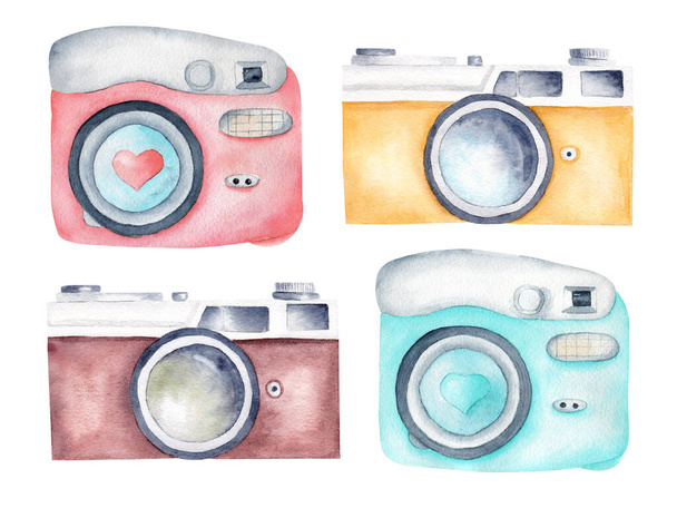 Vintage retro cameras watercolor clipart. Illustration for photography logo, card, design. Hand painted artwork isolated on white background. - Photo, Image