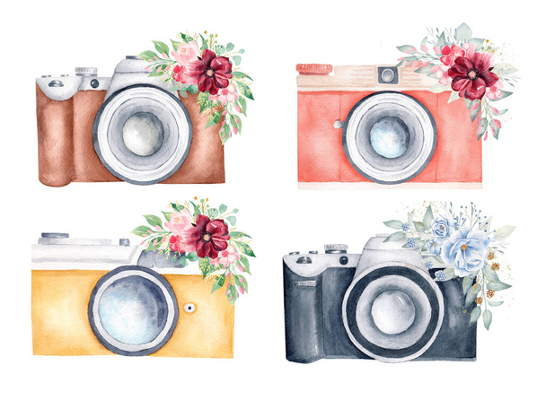 Watercolor set of vintage photo cameras and floral bouquets on white background. Hand drawn illustration. - Photo, Image