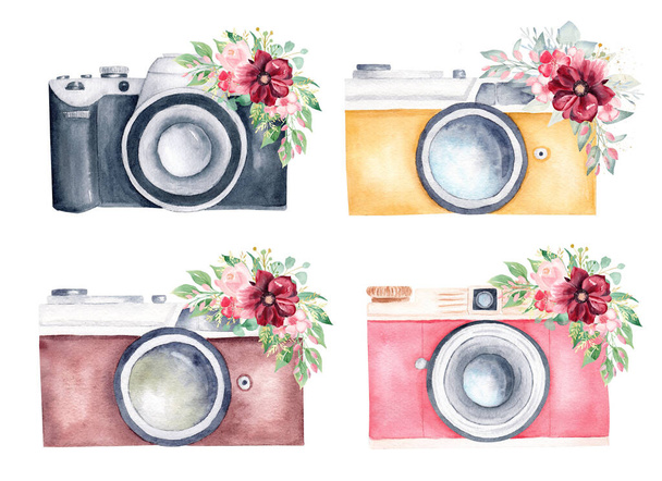 Vintage-Retro-Fotokamera und weinrote Blumen Bouquet Aquarell Cliparts Set. Handgezeichnete Illustration. - Foto, Bild