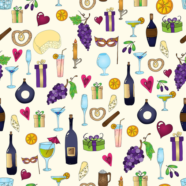 Wine and coctail seamless background. Holiday pattern with love hearts, wine, grapes, chees, bear and gifts. Colored version. - Vecteur, image