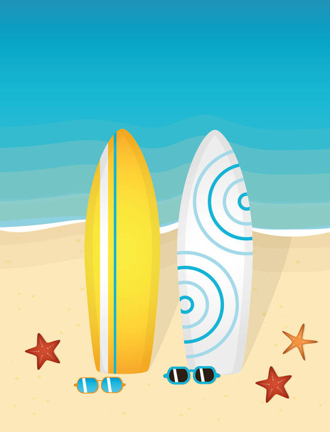 zwei Surfbretter und Sonnenbrille am Strand - Vektor, Bild