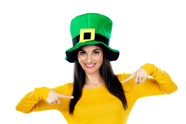 Brunette woman with Saint Patrick Day Hat isolated on a white background - Photo, Image