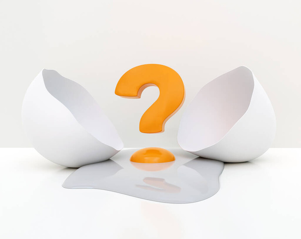 a question mark appears from an egg shell. There was a question, the question has ripened. 3d illustration - Foto, immagini