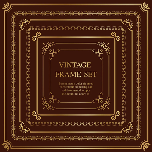 Set Of Seven Gold Square Vintage Frames Isolated On A Dark Background. Vector Illustration.  - Vector, Image