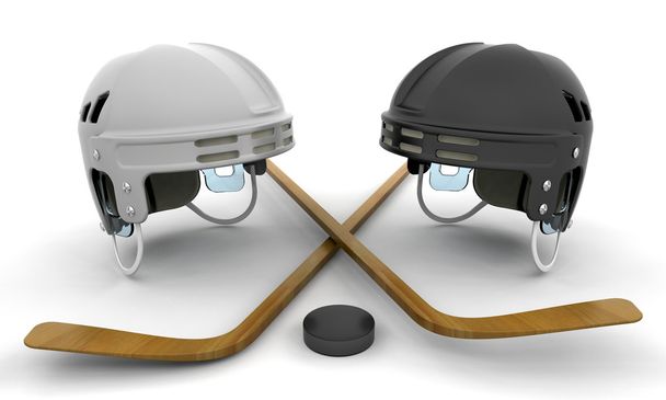 Eishockey-Helme, Stöcke und Puck - Foto, Bild