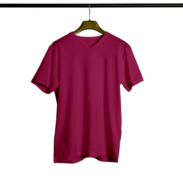 プロのようにあなたのデザインスタイルを披露,この短い袖VネックTシャツを使用することによってダークサングリアの色でハンガーと男性のためのモックアップ. - 写真・画像