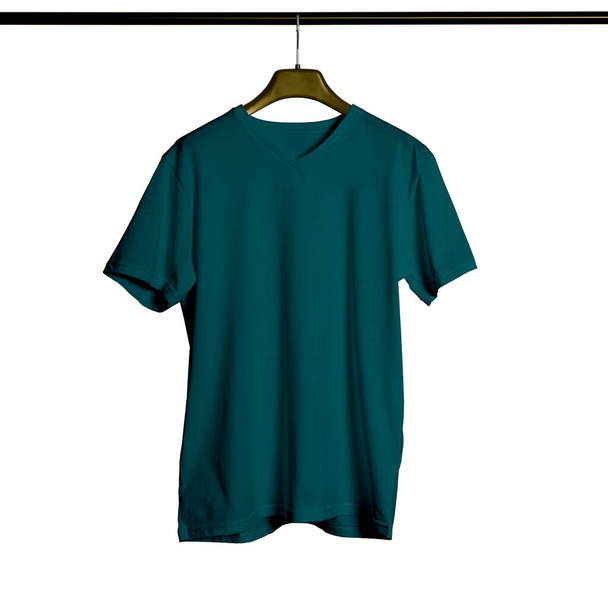 Mutasd meg a design stílus, mint egy profi, ezzel a rövid ujjú V Neck Tshirt Mock Up For Male With Hanger In Green Eden Color. - Fotó, kép