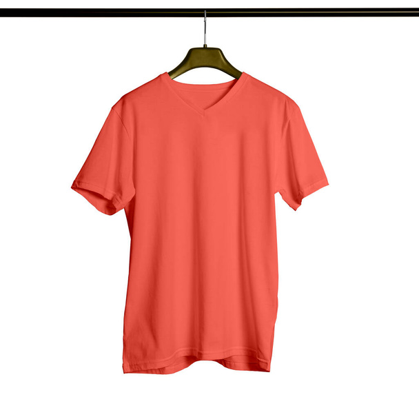 Mutasd meg a design stílus, mint egy profi, ezzel a rövid ujjú V Neck Tshirt Mock Up For Male With Hanger In Living Coral Color. - Fotó, kép
