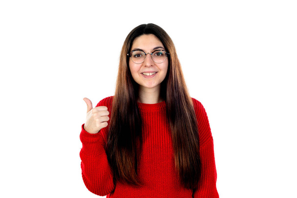 Bruna ragazza con gli occhiali isolati su uno sfondo bianco
 - Foto, immagini