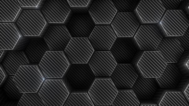 carbono y cromo hexágono fondo moderno, 3d ilustración de renderizado - Foto, imagen