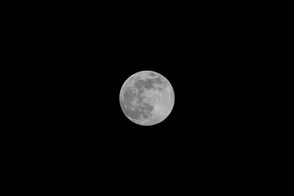 Полная луна в темную ночь. Крупный план в полнолуние над черным темным небом
. - Фото, изображение