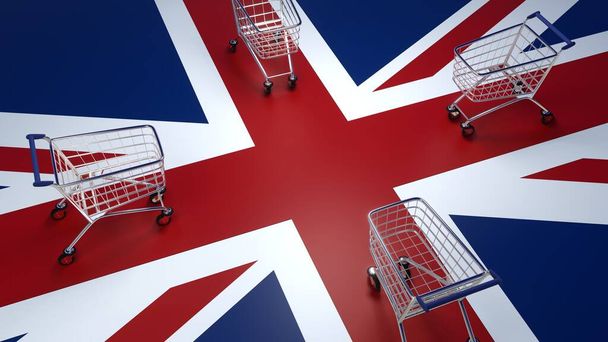 Investment market in Great Britain. Shopping cart on the background of the flag of Great Britain. 3d rendering. - Photo, Image
