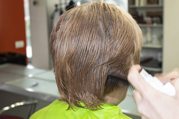 Uma mulher com cabelo grisalho está sentada na frente de um espelho em um salão de cabeleireiro. O cabeleireiro faz seu penteado
. - Foto, Imagem