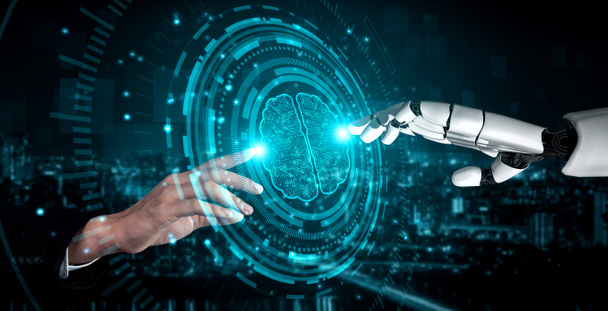 3D-weergave kunstmatige intelligentie AI-onderzoek naar robot- en cyborgontwikkeling voor de toekomst van mensen die leven. Digitale data mining en machine learning technologie ontwerp voor computer hersenen. - Foto, afbeelding