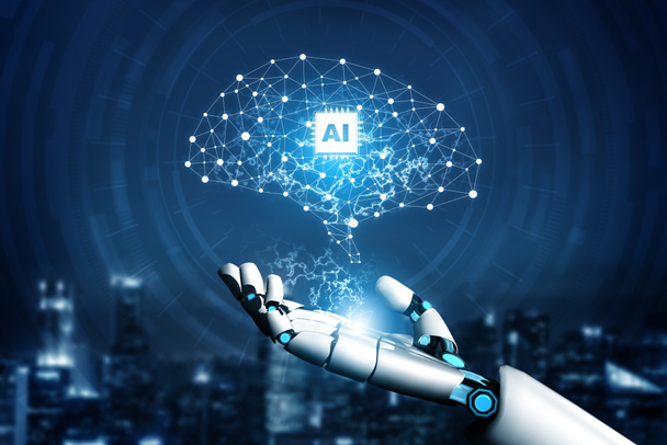 3D Αποτύπωση φουτουριστική ανάπτυξη ρομποτικής τεχνολογίας, τεχνητή νοημοσύνη AI, και μηχανική μάθηση έννοια. Παγκόσμια έρευνα ρομποτικής βιονικής επιστήμης για το μέλλον της ανθρώπινης ζωής. - Φωτογραφία, εικόνα