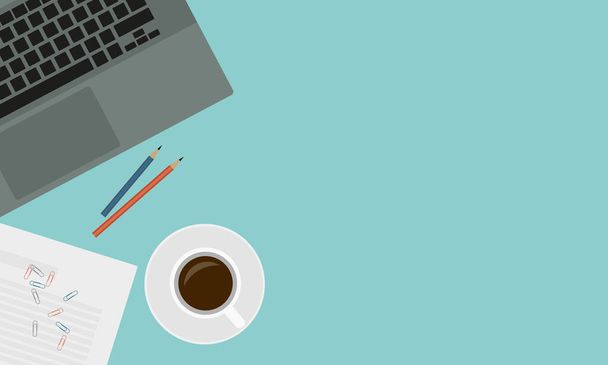 Ilustración de diseño plano de mesa de trabajo, taza de café o chocolate caliente con platillo y leptop. Vista superior de la hoja de papel y lápiz, espacio para el texto - vector
 - Vector, Imagen
