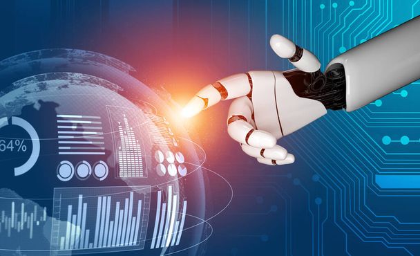 Desarrollo de tecnología robótica futurista de renderizado 3D, inteligencia artificial y concepto de aprendizaje automático. Investigación científica biónica robótica global para el futuro de la vida humana
. - Foto, imagen