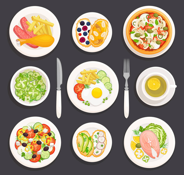 Set of plates with food. Vector illustration. Top view. - Vetor, Imagem