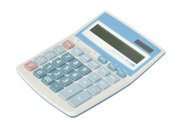 Calculadora de cor azul doce no fundo branco
 - Foto, Imagem