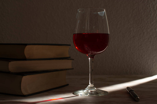 Copa de vino acompanada de unos libros y una camara fotografica con la luz de la venta entrando por un costado - Foto, Bild