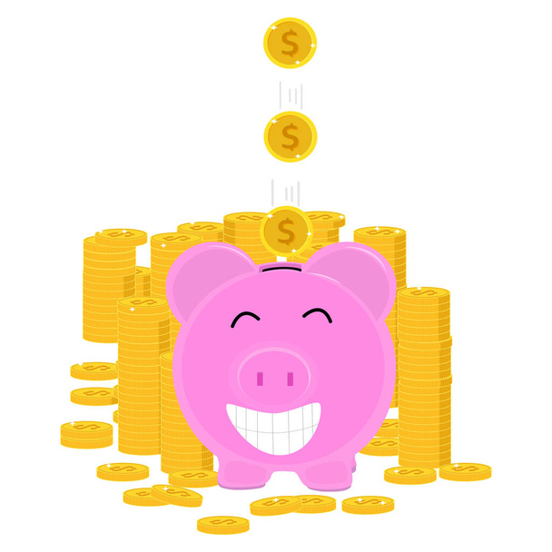 Piggy bank a padající zlaté mince Koncept spoření nebo spoření peněz nebo otevření bankovních účtu.Vector  - Vektor, obrázek