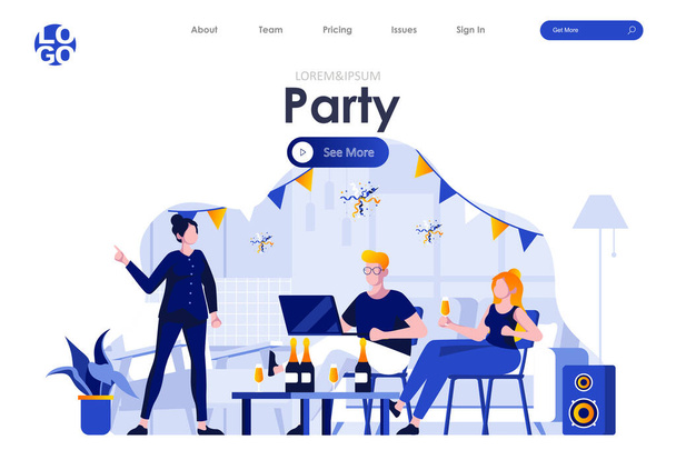 Home party flat landing page design. Happy friends having fun, talking and drinking champagne at home scene with header. Young people spending time together in apartment, enjoyment situation. - Vector, Image