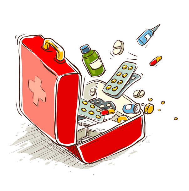 First aid box with medical drugs and pills - Vector, Image