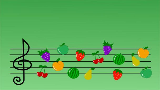 Abstract fruit music symphony. Fruits on the stave with copy space. Healthy lifestyle concept, vegetarian food. Summertime melody, summer mood - Vector, Image