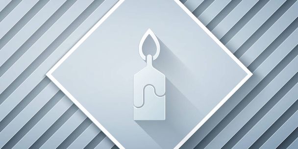Paper cut Burning candle icon isolated on grey background. Cylindrical candle stick with burning flame. Paper art style. Vector Illustration - Vector, Image