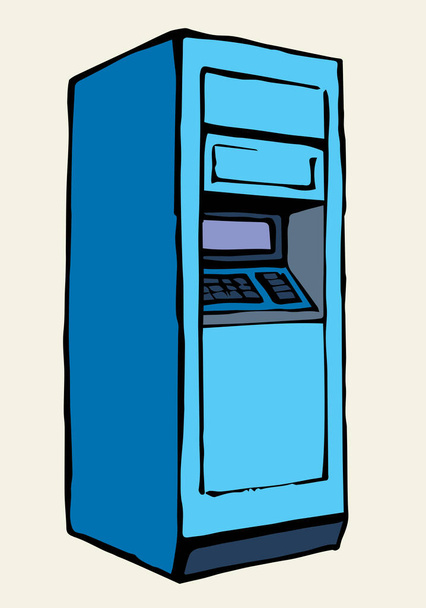 Интернет магазин кредит отображения банкомат киоск PIN код клавиатуры устройства кассира на белой бумаге. Контур черная рука нарисовал доллар банкноты зарплаты монитор логотипа знак иконка концепт-эскиз в графическом стиле мультфильма - Вектор,изображение