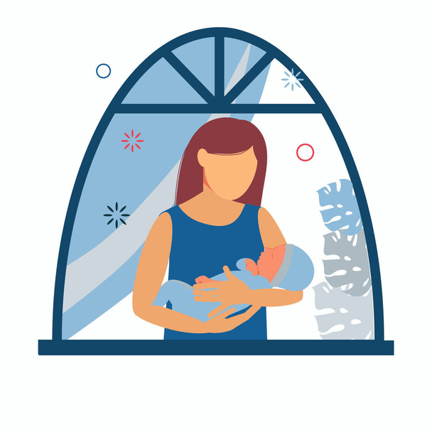 Macierzyństwo. Kobieta z dzieckiem w ramionach przy oknie. Karmienie piersią Niemowlę. Chłopczyku. Izolacja płaska izolowana na białym tle - Wektor, obraz