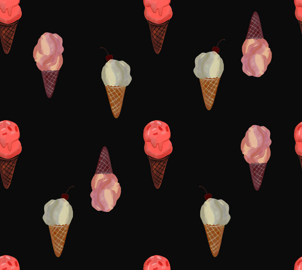 Ice cream scoops and waffle cone. Different favors and colors raster seamless pattern - Foto, Bild