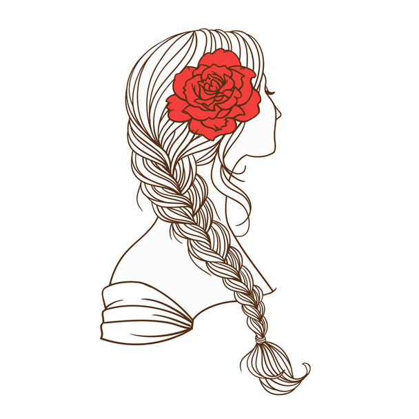 Girl with tress. Wedding  hair style with flowers from the back, hand drawn vector outline illustration. - Vector, imagen