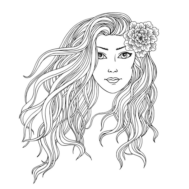 Young woman with streaming long hair, hand drawn linen black and white vector illustration for beauty salon, coloring book, hairdresser, label, beauty concept. - Вектор,изображение
