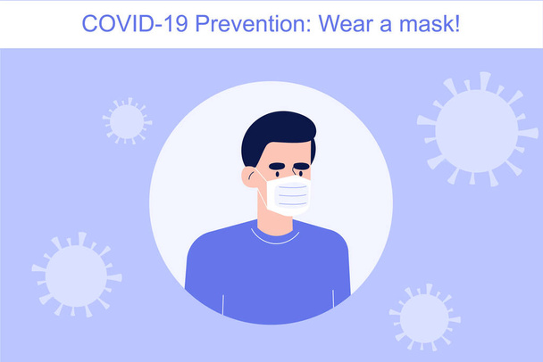 Coronavirus Covid-19 novo conceito de prevenção. Homem usando máscara para proteger a si mesmo e outras pessoas do risco. Regra de segurança para prevenir a infecção na multidão. Ilustração vetorial de infográficos
 - Vetor, Imagem